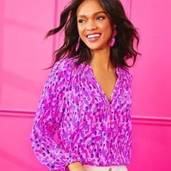 NWT Lilly Pulitzer Silk Long Sleeve Elsa Top Wild Fuchsia Spotted In Love Pink - Picture 1 of 9